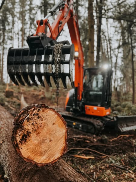 Excavator with grapple log handling